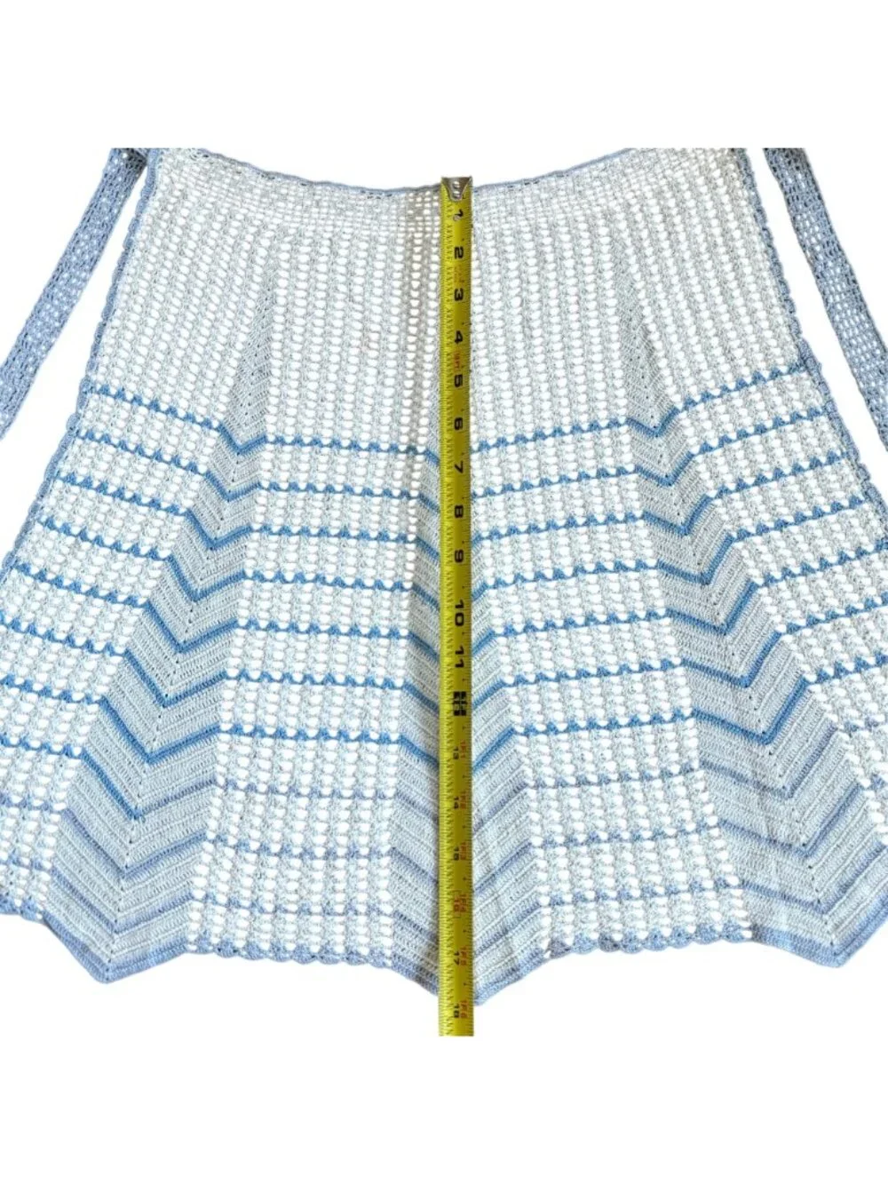 Vintage Hand-Crocheted Crochet Half Apron Blue & White Chevron Pattern